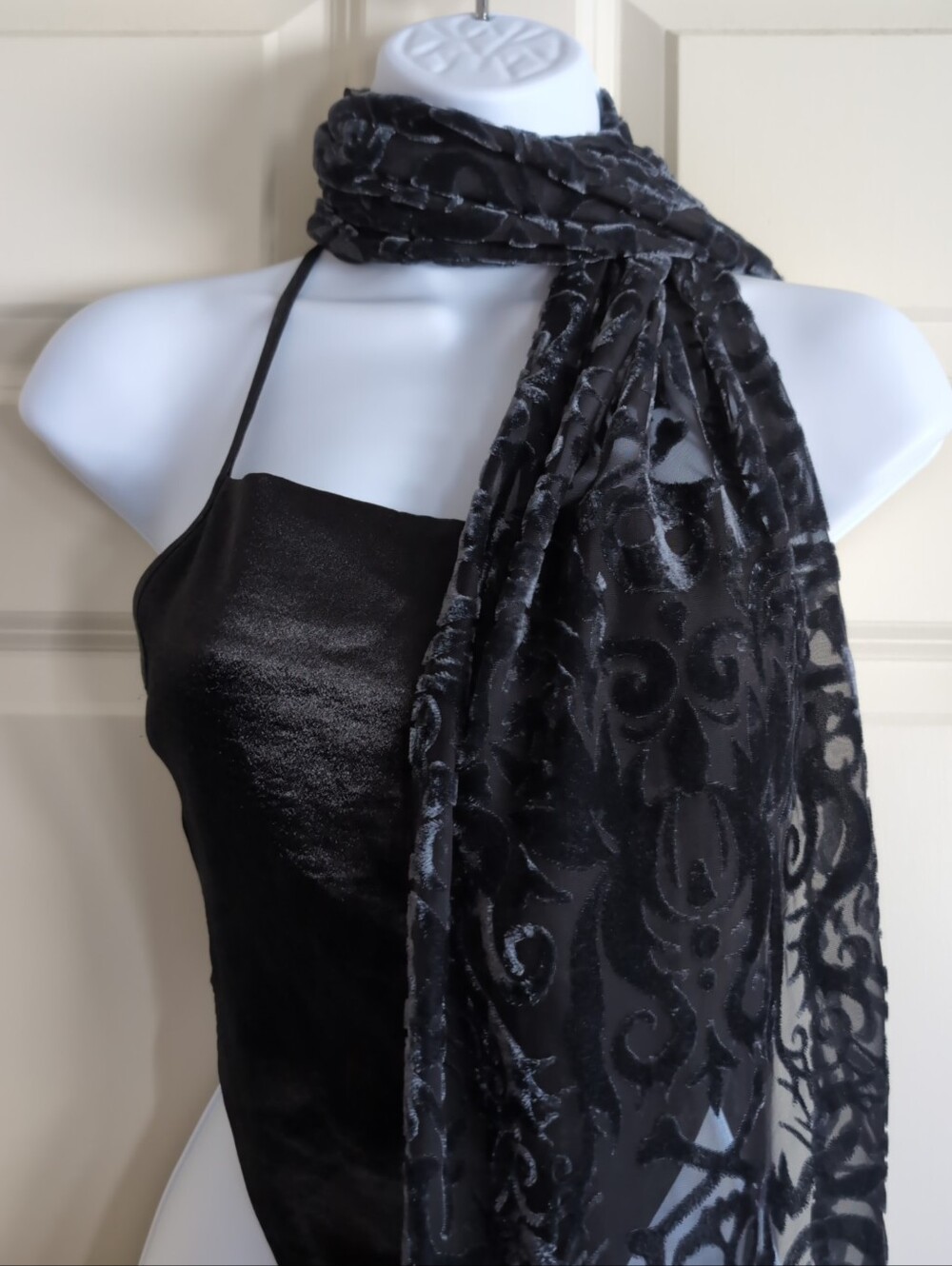 Dark grey crushed burnout velvet mesh scarf with skulls and studs